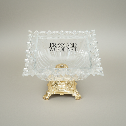 Belle Époque Ribbed Crystal Coupe Bowl on Ornate Brass Pedestal