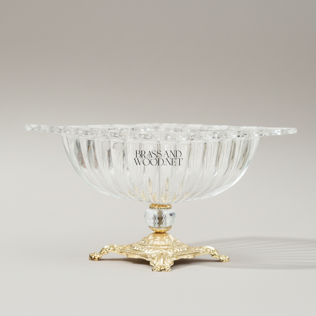 Belle Époque Ribbed Crystal Coupe Bowl on Ornate Brass Pedestal