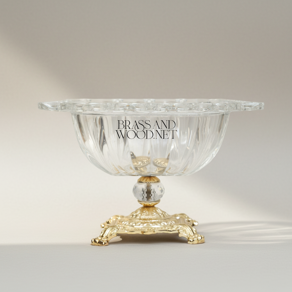 Belle Époque Ribbed Crystal Coupe Bowl on Ornate Brass Pedestal