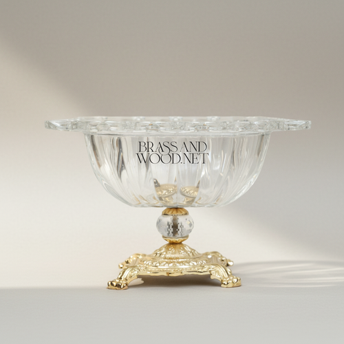 Belle Époque Ribbed Crystal Coupe Bowl on Ornate Brass Pedestal
