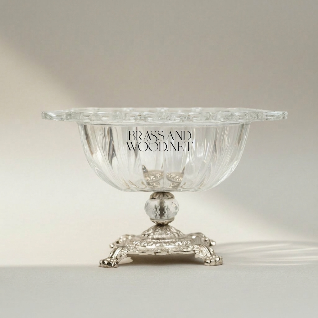 Belle Époque Ribbed Crystal Coupe Bowl on Ornate Brass Pedestal