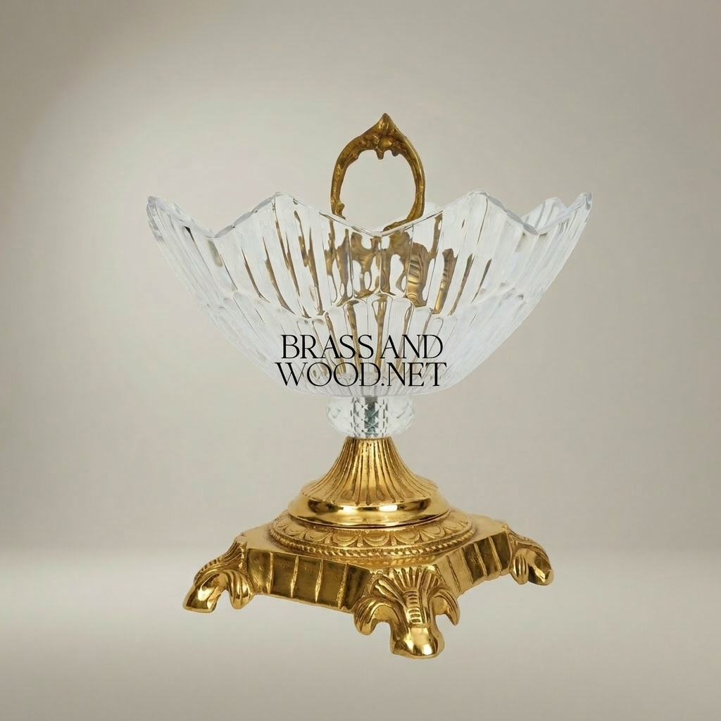 Classical Crystal & Brass Bonbonniere with Leaf Ring Handle and Claw Pedestal