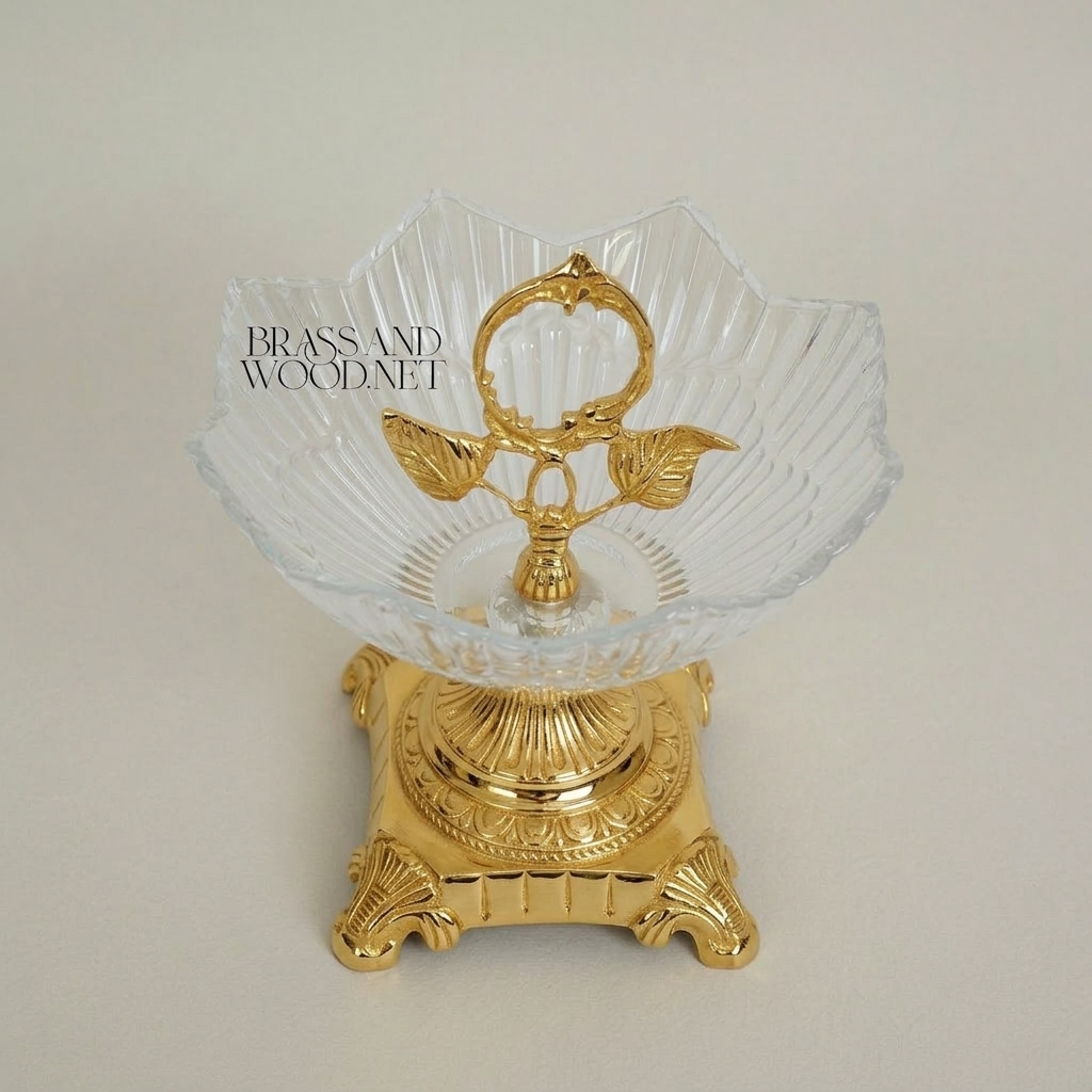 Classical Crystal & Brass Bonbonniere with Leaf Ring Handle and Claw Pedestal