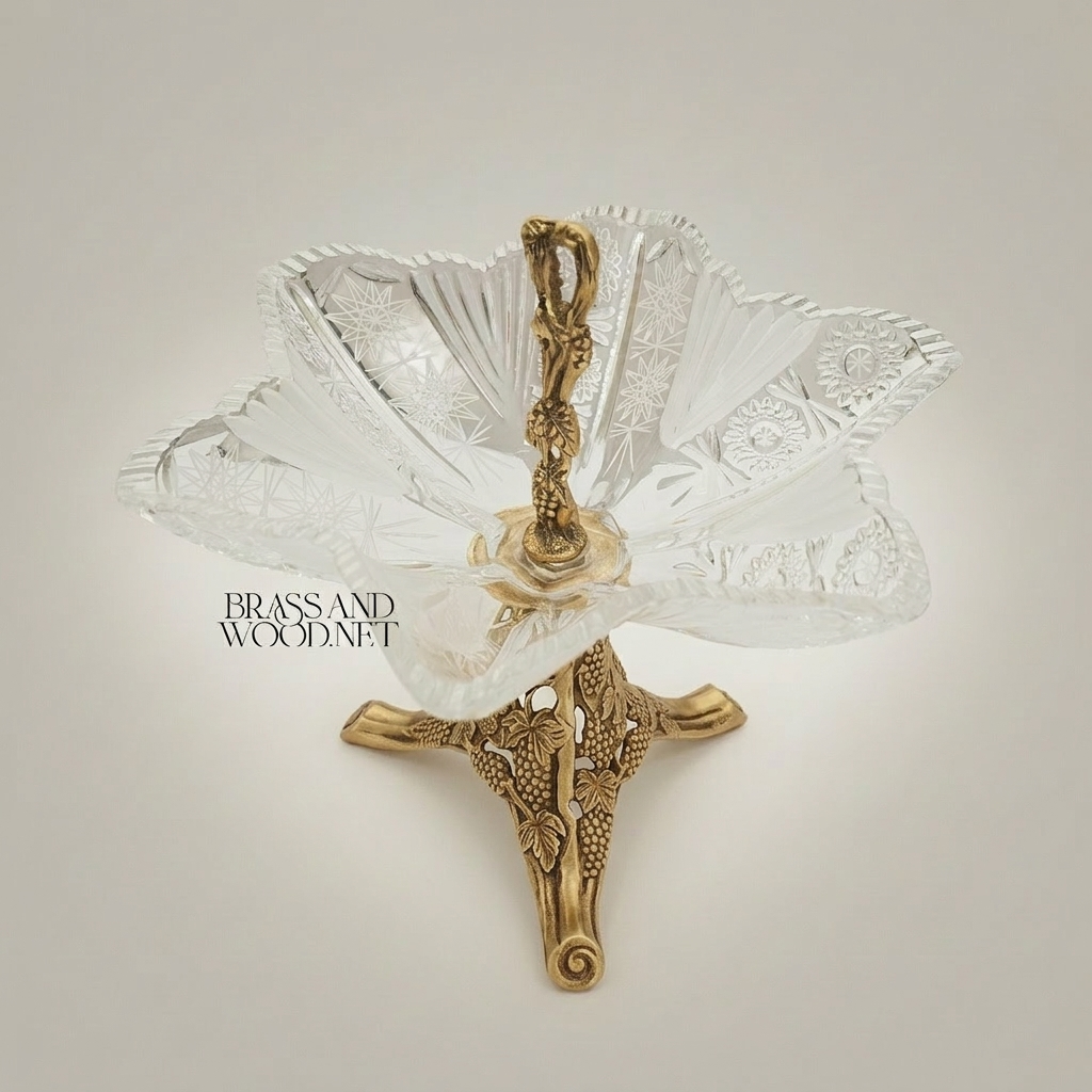 Classical Crystal & Brass Footed Candy Dish - Vine-Carved Pedestal with Figural Handle