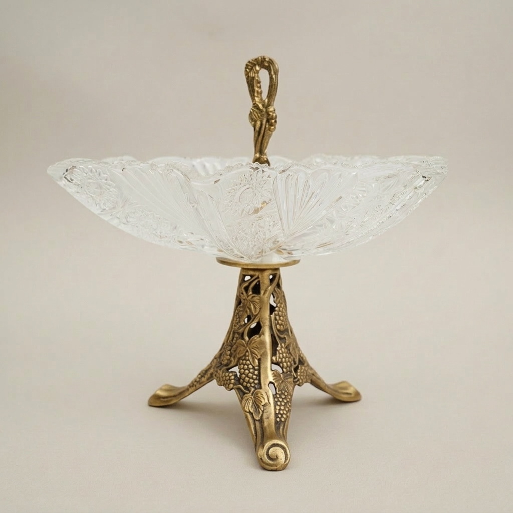 Classical Crystal & Brass Footed Candy Dish - Vine-Carved Pedestal with Figural Handle