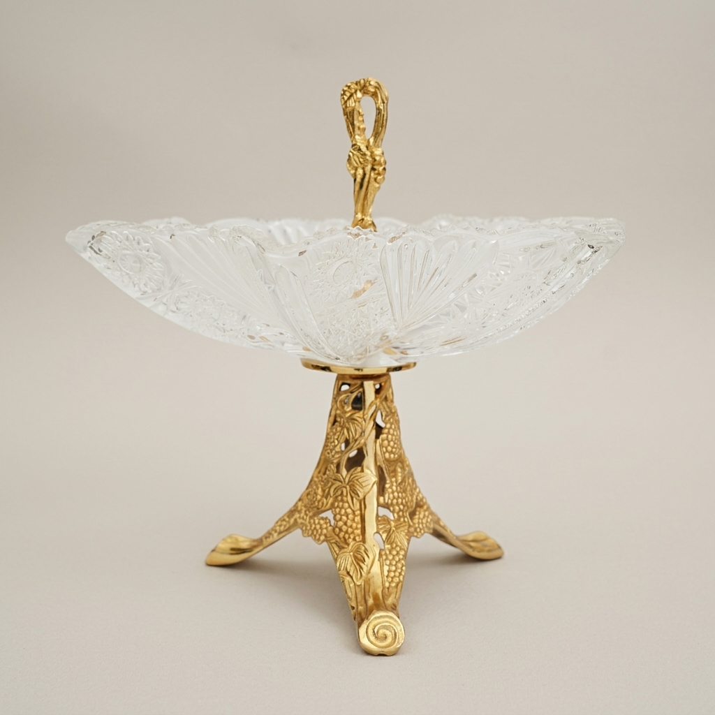 Classical Crystal & Brass Footed Candy Dish - Vine-Carved Pedestal with Figural Handle