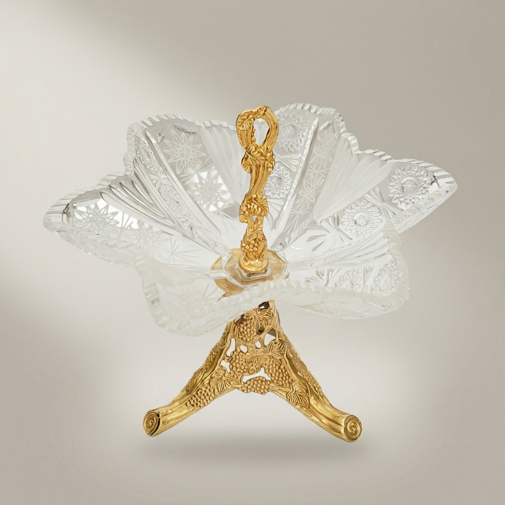 Classical Crystal & Brass Footed Candy Dish - Vine-Carved Pedestal with Figural Handle