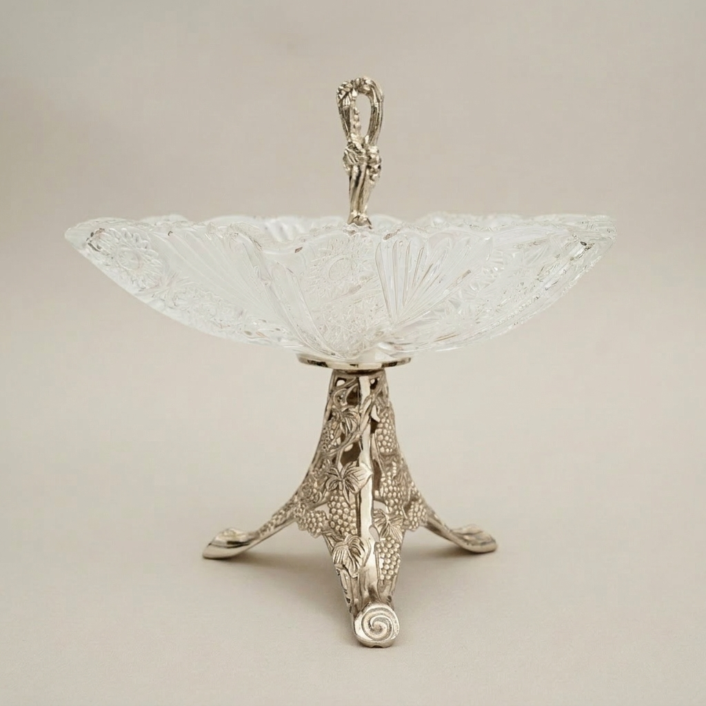 Classical Crystal & Brass Footed Candy Dish - Vine-Carved Pedestal with Figural Handle