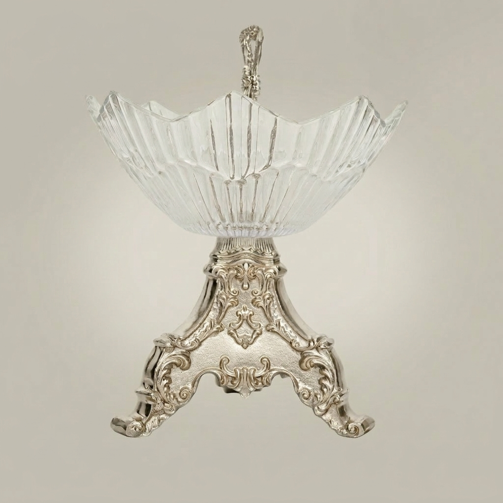 Baroque Crystal Candy Dish - Ornate Scrollwork Pedestal Bowl