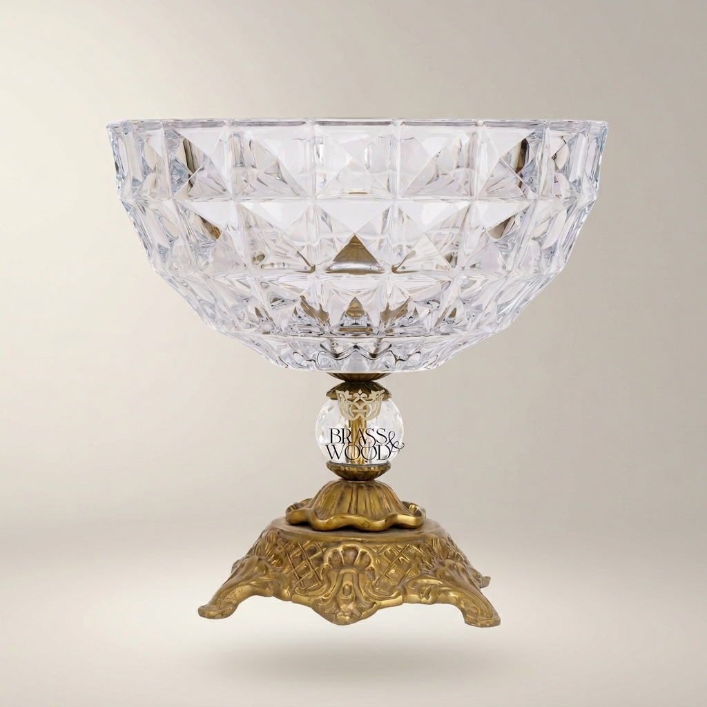 Classical Crystal Candy Dish on Ornate Brass Pedestal Base
