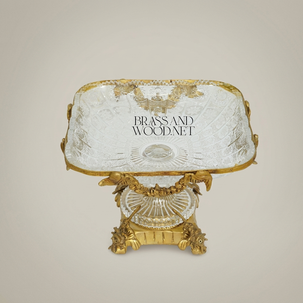 Classical Crystal & Brass Pedestal Candy Dish - Floral Garland Square Bowl