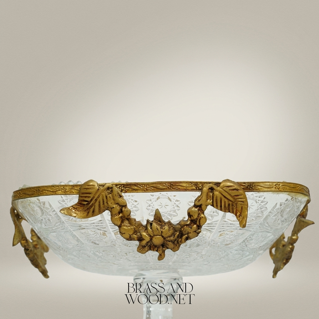 Classical Crystal & Brass Pedestal Candy Dish - Floral Garland Square Bowl