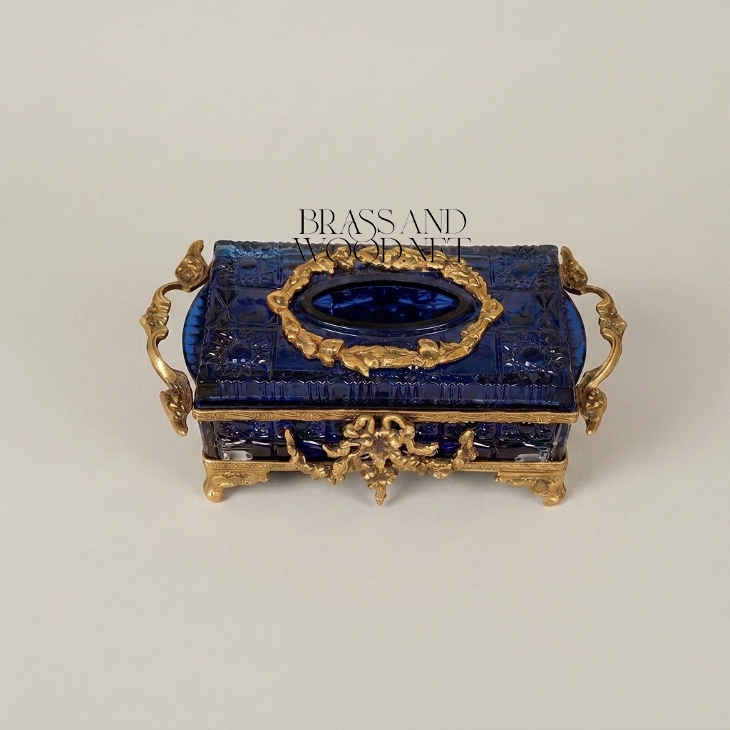 Napoleon III Rococo Revival Crystal Tissue Box - Royal Blue with Gilt Brass Mounts