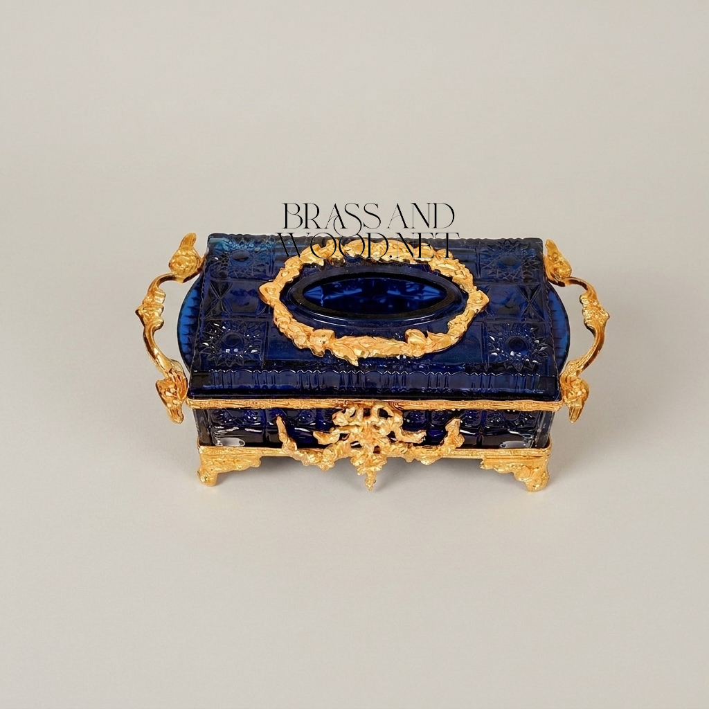 Napoleon III Rococo Revival Crystal Tissue Box - Royal Blue with Gilt Brass Mounts
