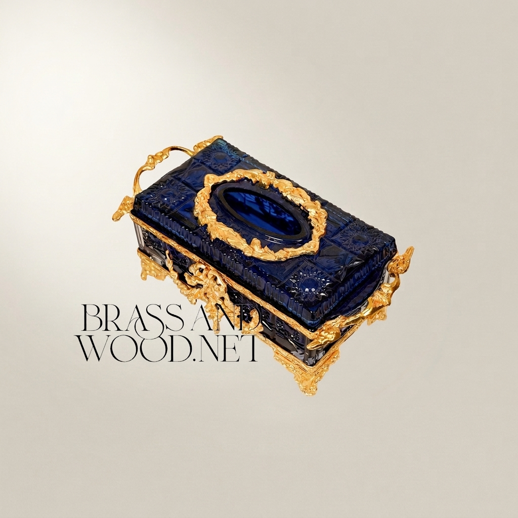 Napoleon III Rococo Revival Crystal Tissue Box - Royal Blue with Gilt Brass Mounts