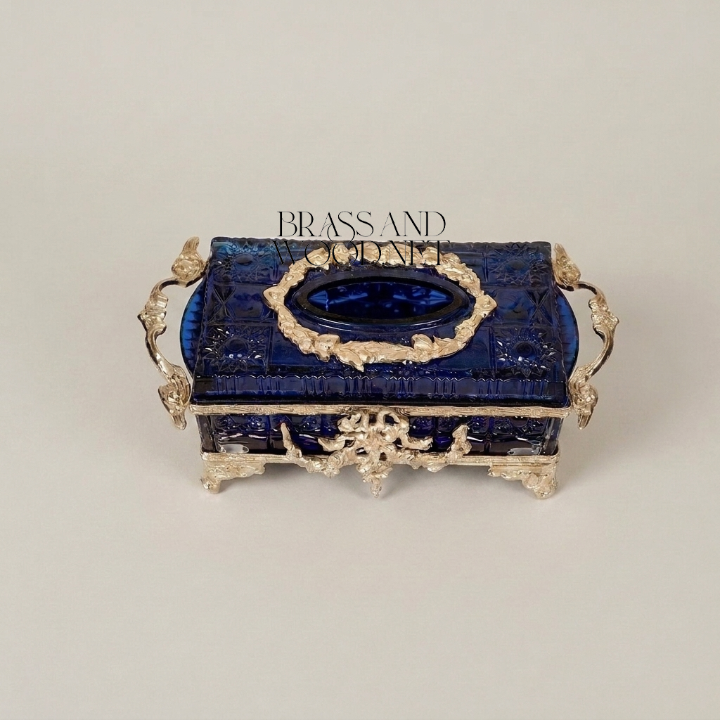 Napoleon III Rococo Revival Crystal Tissue Box - Royal Blue with Gilt Brass Mounts