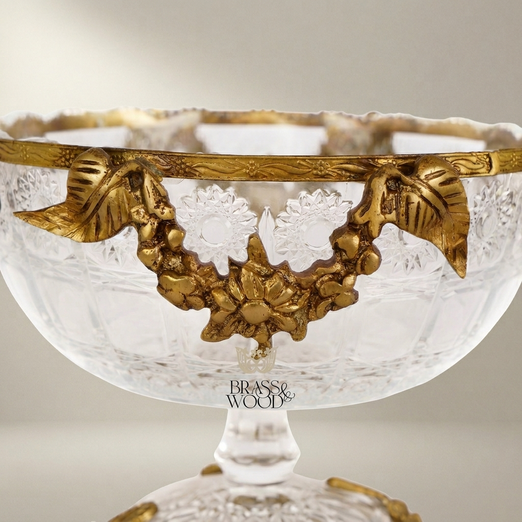 Baroque Crystal & Brass Pedestal Candy Dish - Floral Sculpted Rim