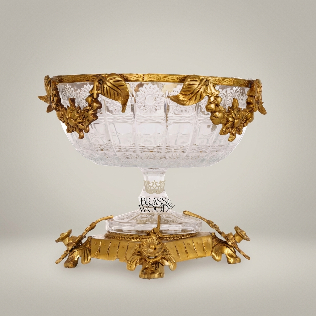Baroque Crystal & Brass Pedestal Candy Dish - Floral Sculpted Rim