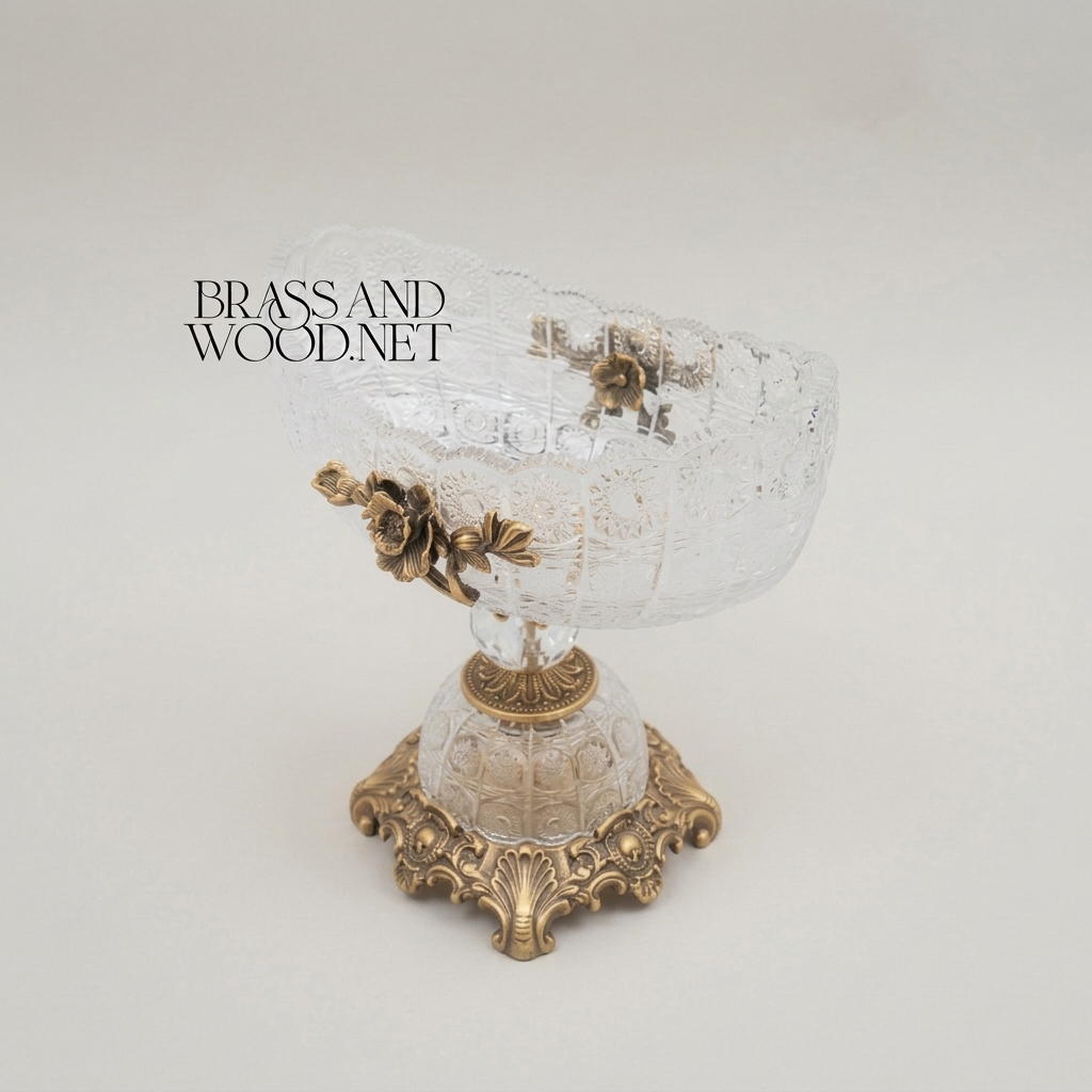 Baroque Crystal & Brass Pedestal Bonbonniere - Floral Rose Accent