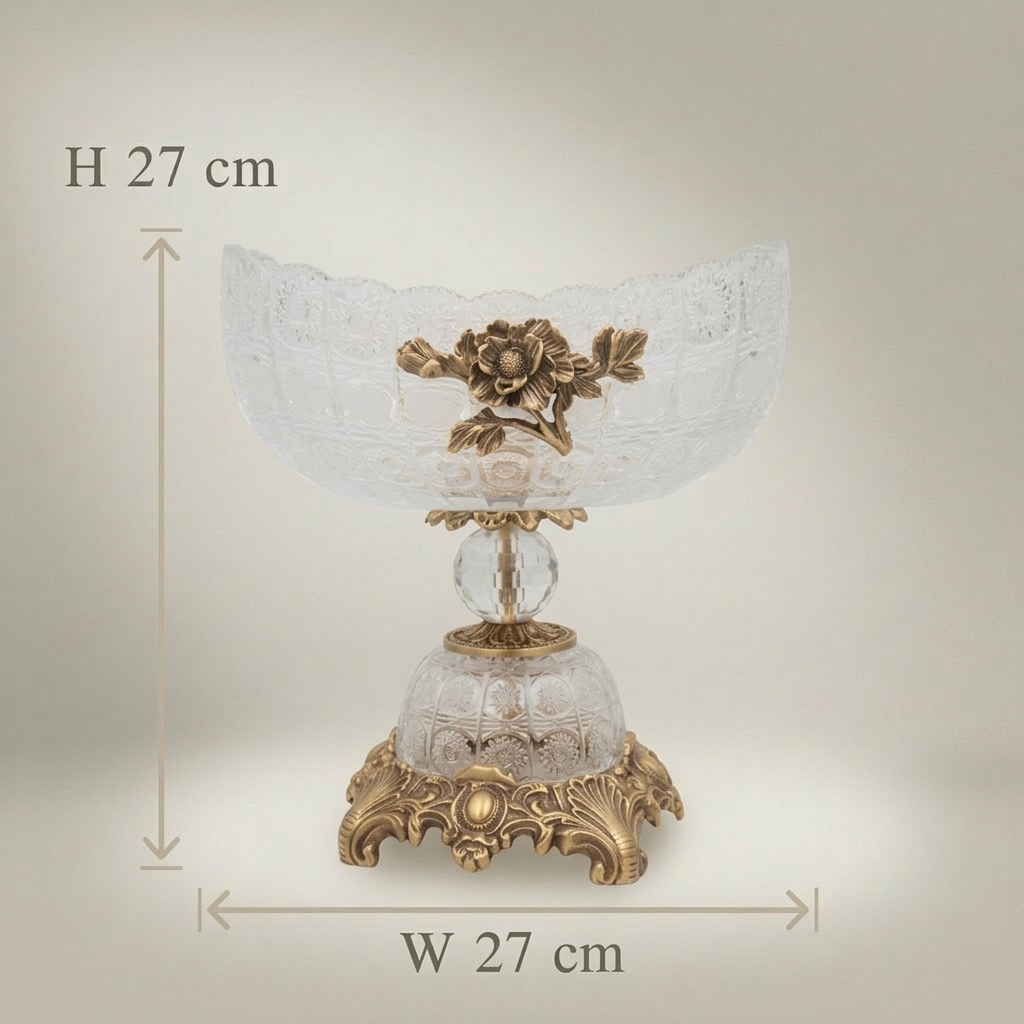 Baroque Crystal & Brass Pedestal Bonbonniere - Floral Rose Accent