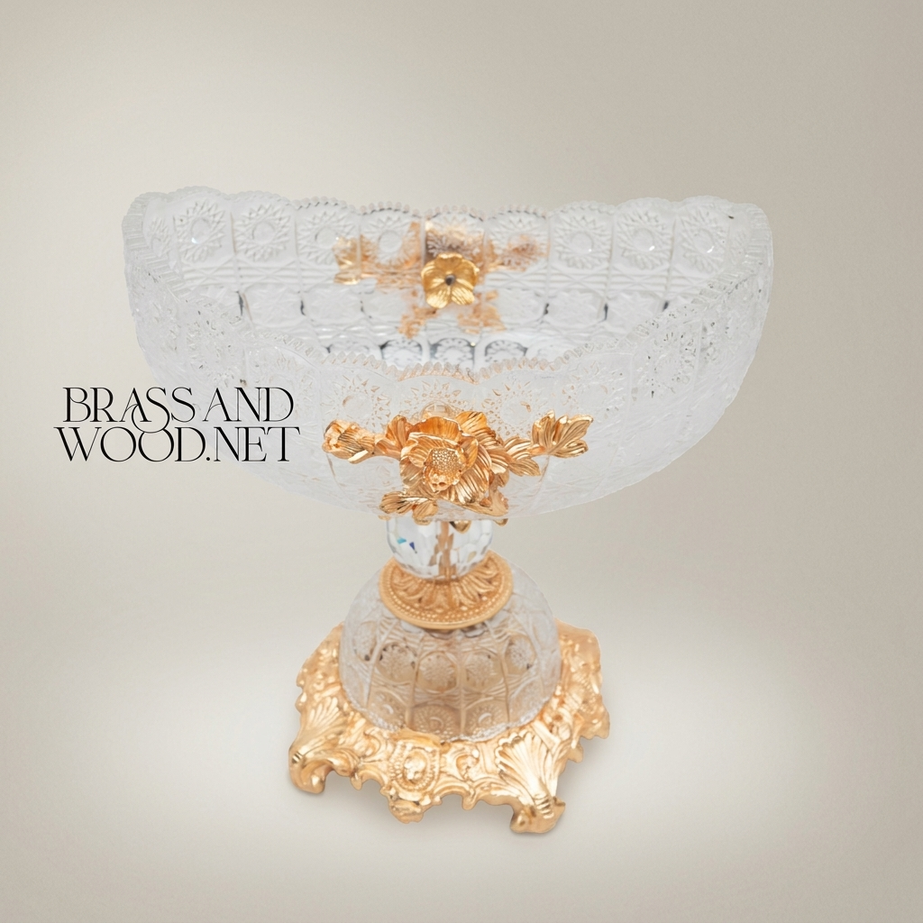 Baroque Crystal & Brass Pedestal Bonbonniere - Floral Rose Accent