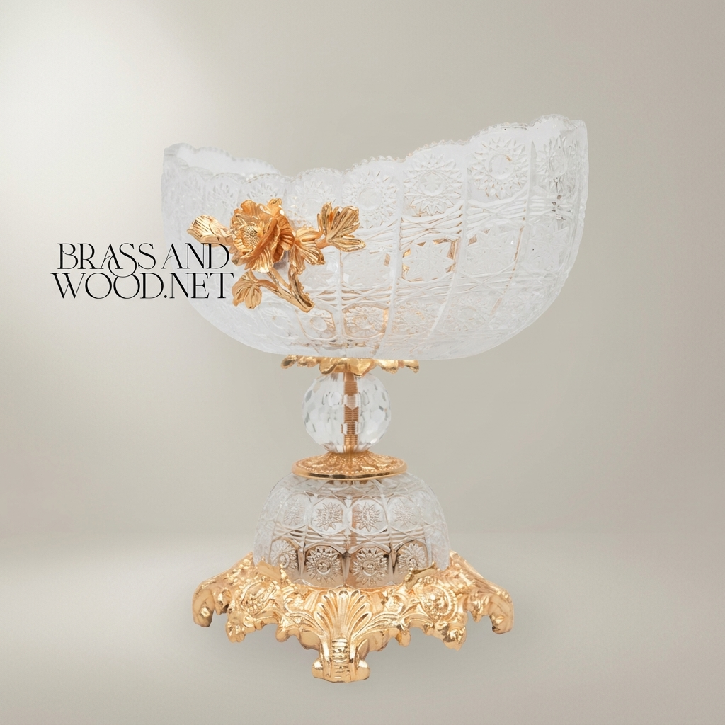 Baroque Crystal & Brass Pedestal Bonbonniere - Floral Rose Accent