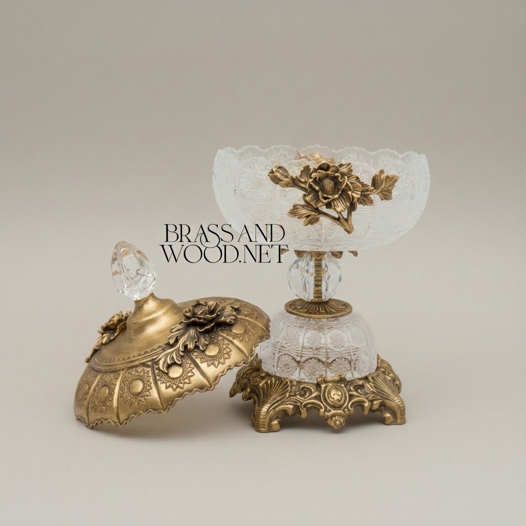 Belle Époque Crystal & Brass Lidded Bonbonnière with Floral Rose Mounts