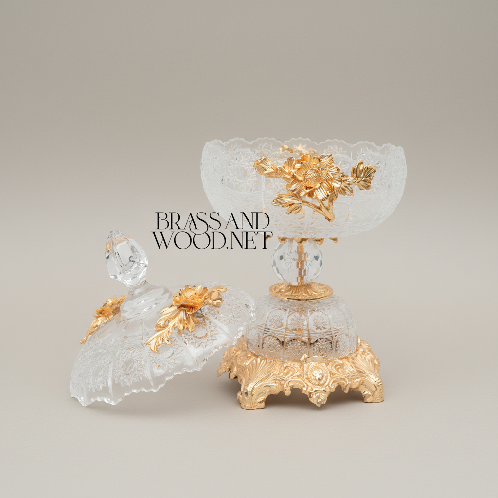 Belle Époque Crystal & Brass Lidded Bonbonnière with Floral Rose Mounts