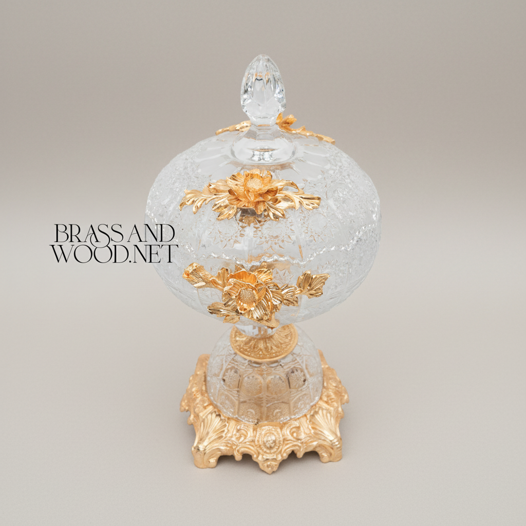 Belle Époque Crystal & Brass Lidded Bonbonnière with Floral Rose Mounts