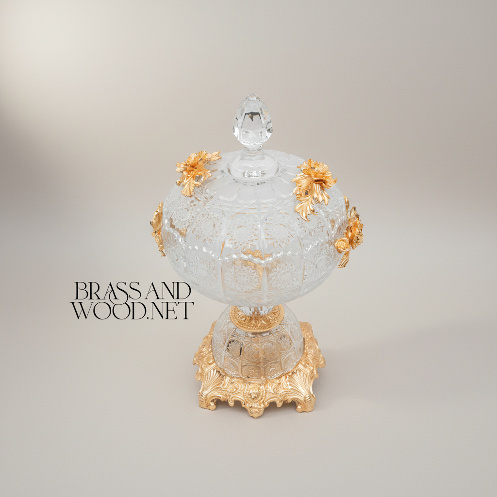 Belle Époque Crystal & Brass Lidded Bonbonnière with Floral Rose Mounts