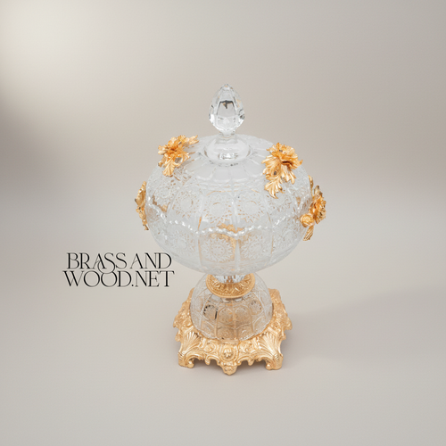 Belle Époque Crystal & Brass Lidded Bonbonnière with Floral Rose Mounts