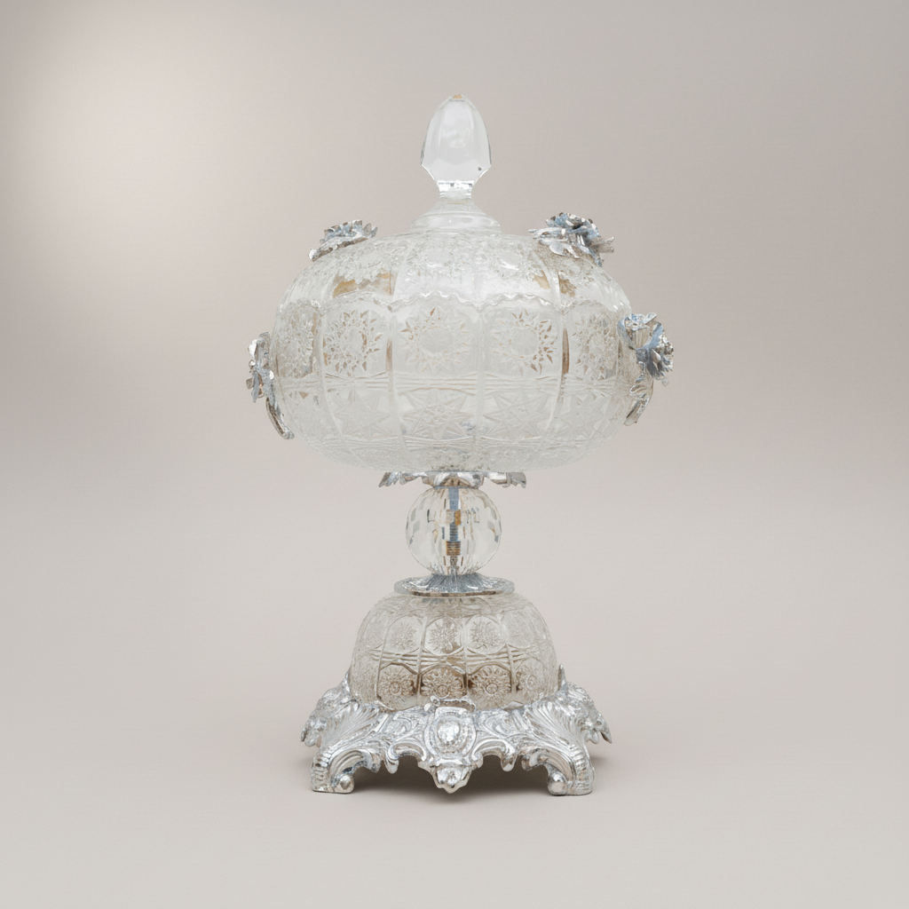 Belle Époque Crystal & Brass Lidded Bonbonnière with Floral Rose Mounts
