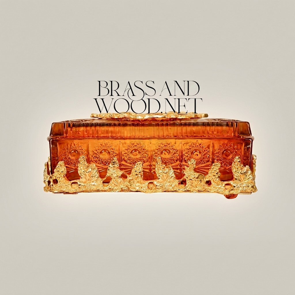 Rococo Revival Amber Resin Tissue Box with Gilt Brass Foliate Crown