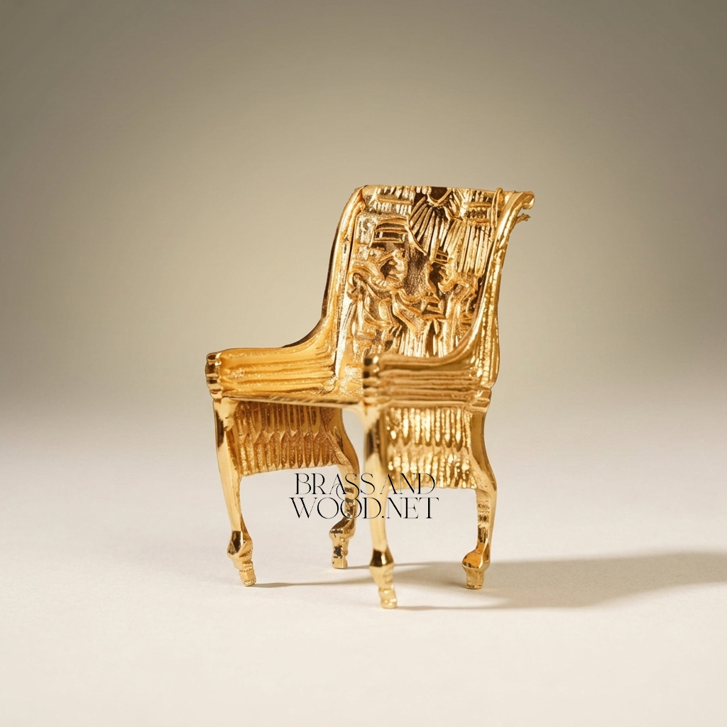 Pharaonic Brass Throne Chair Sculpture — High-Relief Egyptian Scene