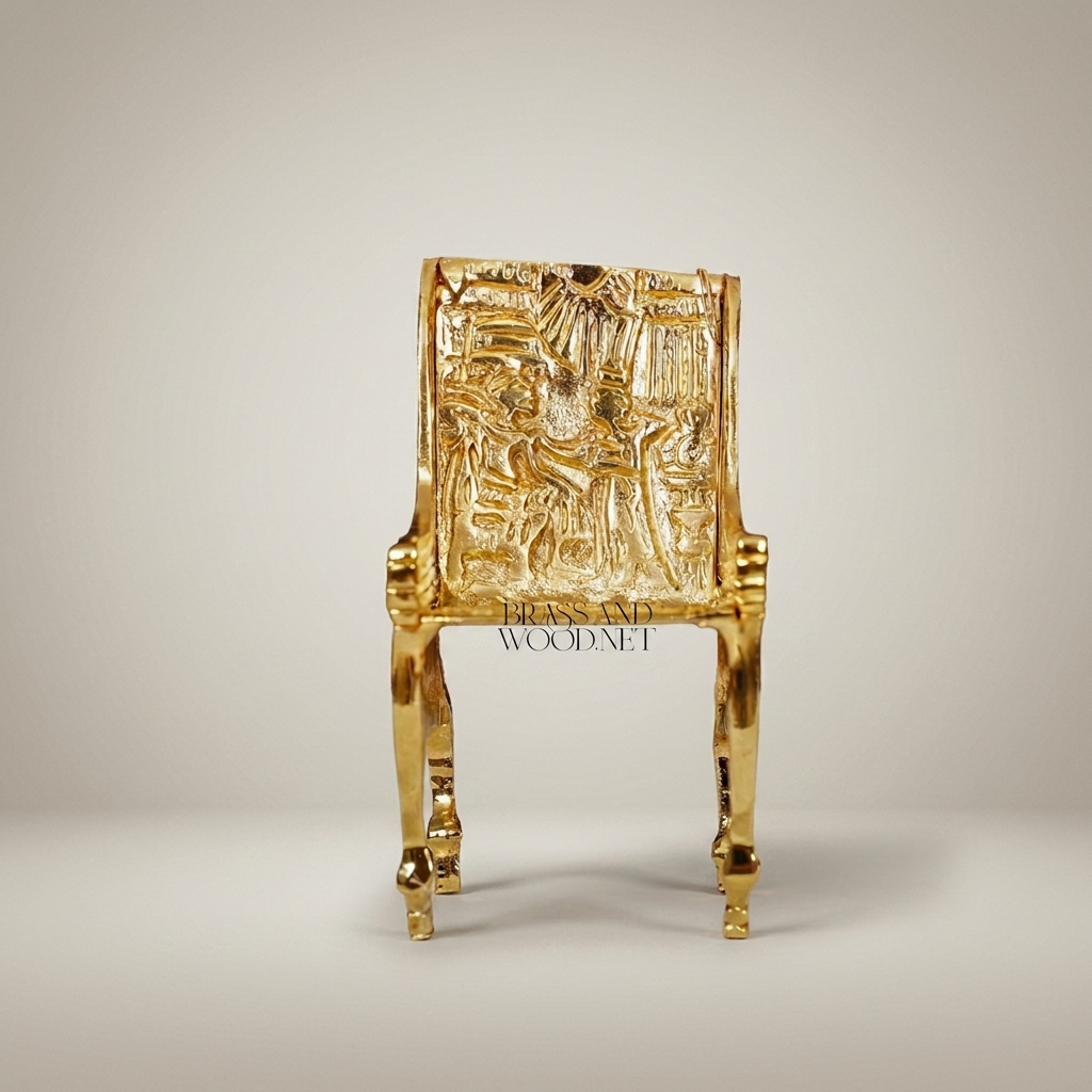 Pharaonic Brass Throne Chair Sculpture — High-Relief Egyptian Scene