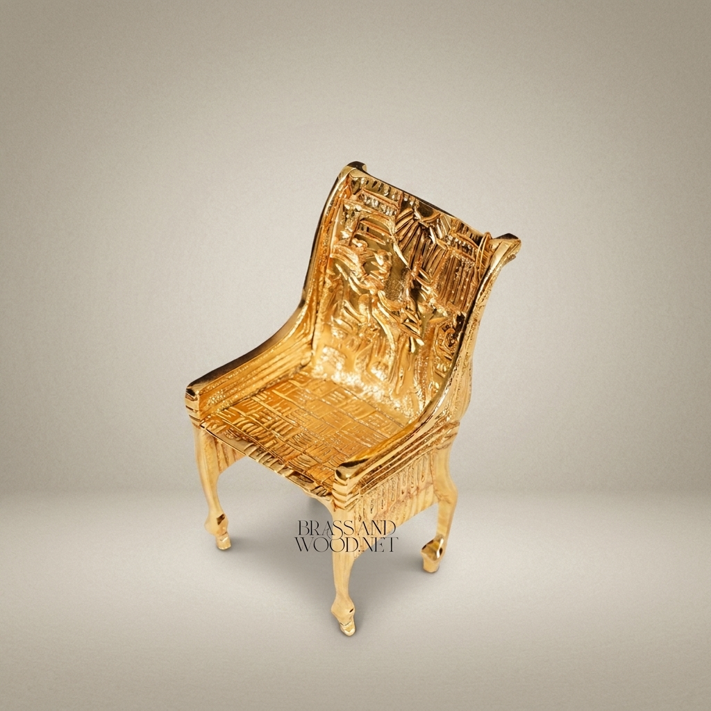 Pharaonic Brass Throne Chair Sculpture — High-Relief Egyptian Scene