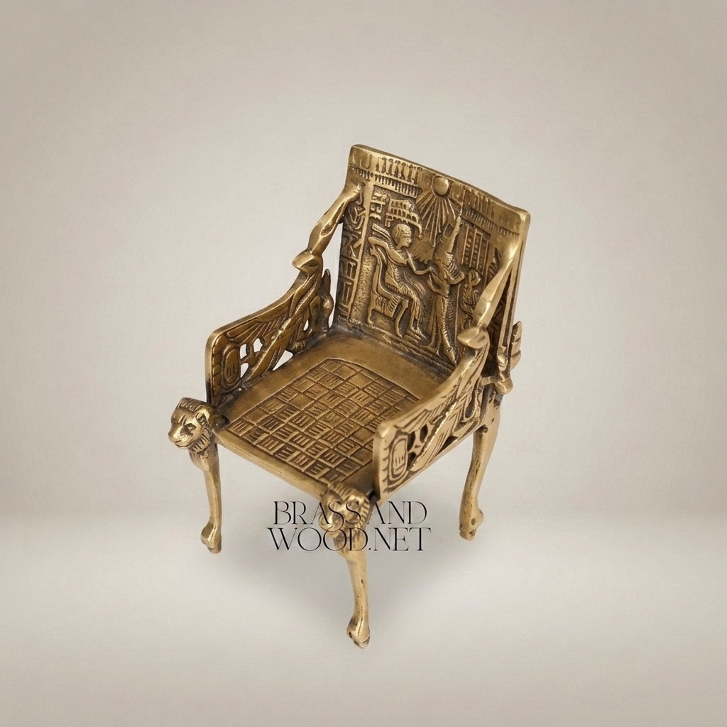Pharaonic Brass Throne Miniature - Relief-Carved Egyptian Scene