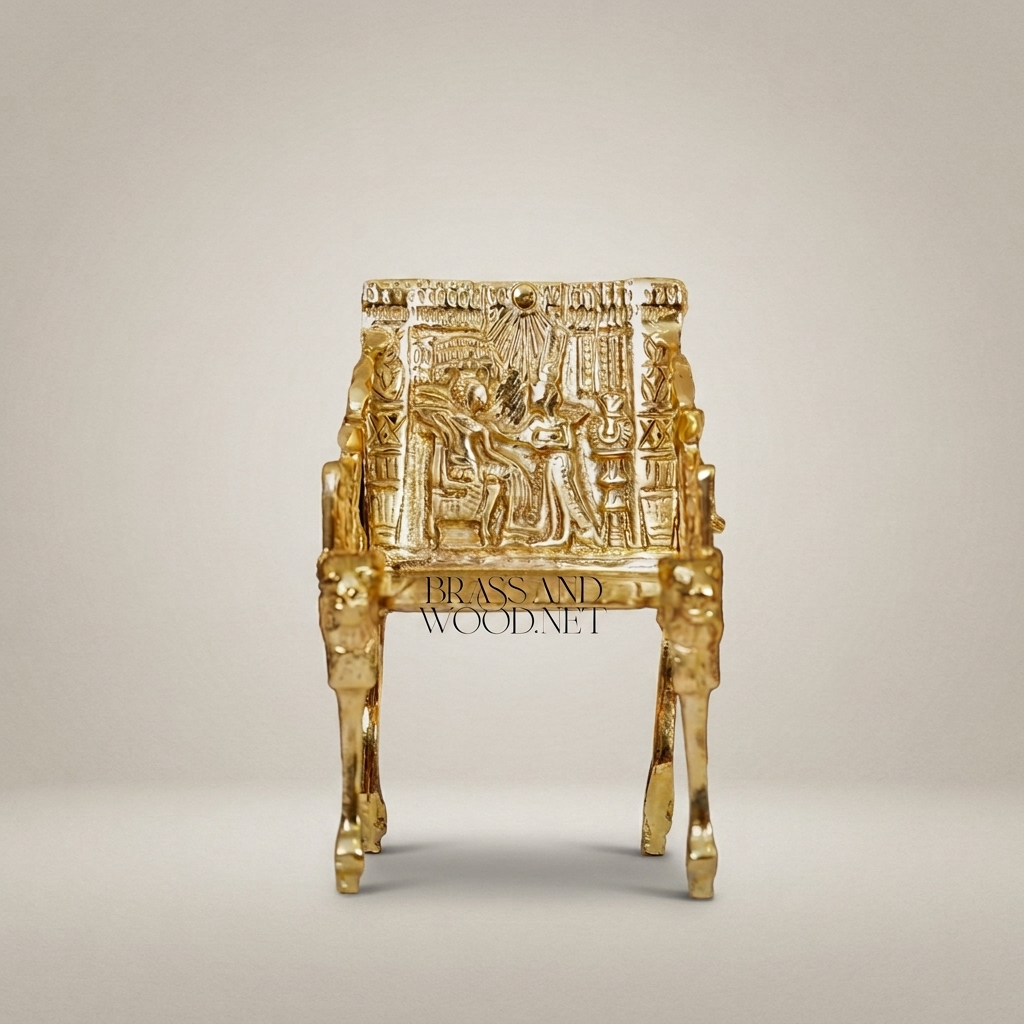 Pharaonic Brass Throne Miniature - Relief-Carved Egyptian Scene