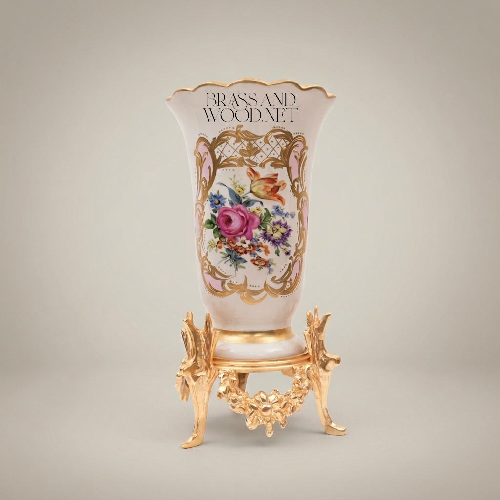 Rococo Hand-Painted Porcelain Trumpet Vase on Ornate Brass Stand with Floral Bouquet Cartouche