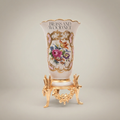 Rococo Hand-Painted Porcelain Trumpet Vase on Ornate Brass Stand with Floral Bouquet Cartouche