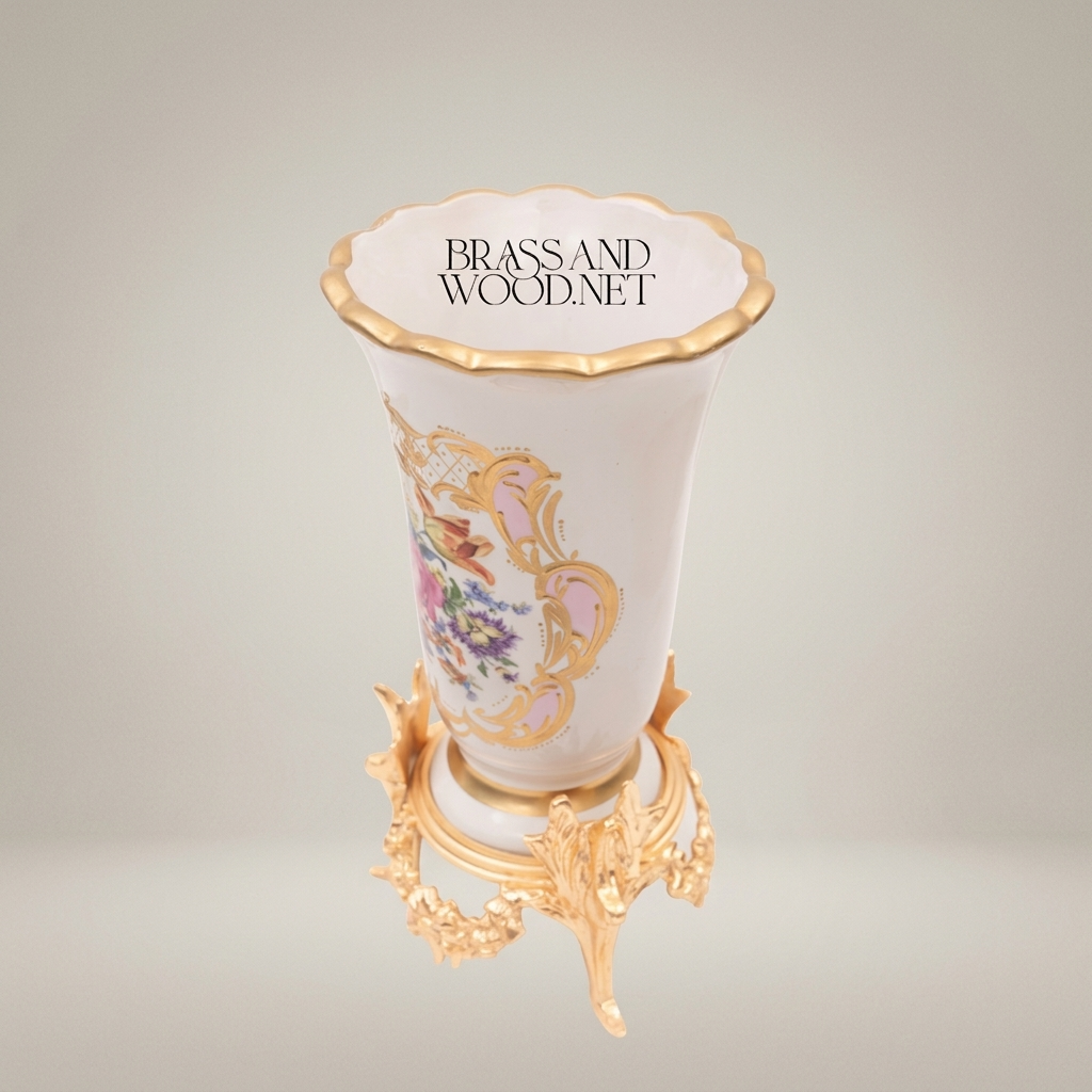 Rococo Hand-Painted Porcelain Trumpet Vase on Ornate Brass Stand with Floral Bouquet Cartouche