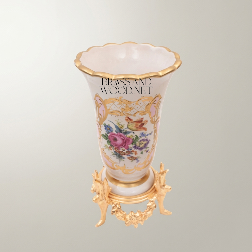 Rococo Hand-Painted Porcelain Trumpet Vase on Ornate Brass Stand with Floral Bouquet Cartouche