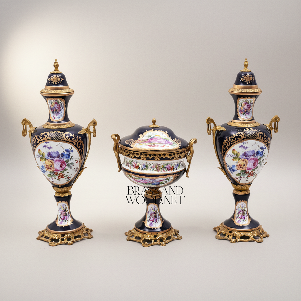 Sèvres-Style Cobalt Porcelain & Brass Vase Set – Hand-Painted Floral Garniture de Cheminée