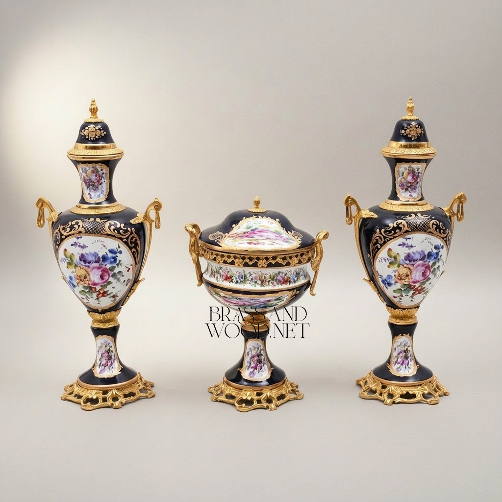 Sèvres-Style Cobalt Porcelain & Brass Vase Set – Hand-Painted Floral Garniture de Cheminée