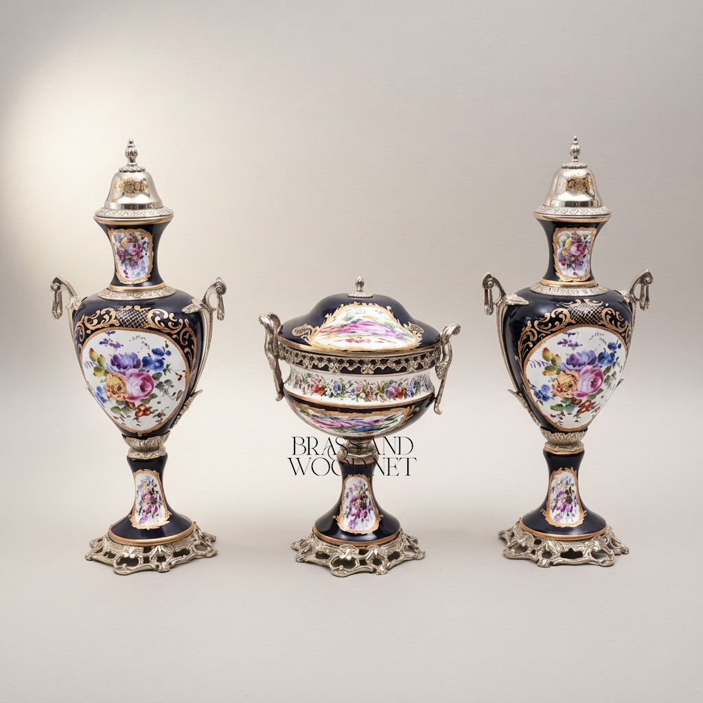 Sèvres-Style Cobalt Porcelain & Brass Vase Set – Hand-Painted Floral Garniture de Cheminée