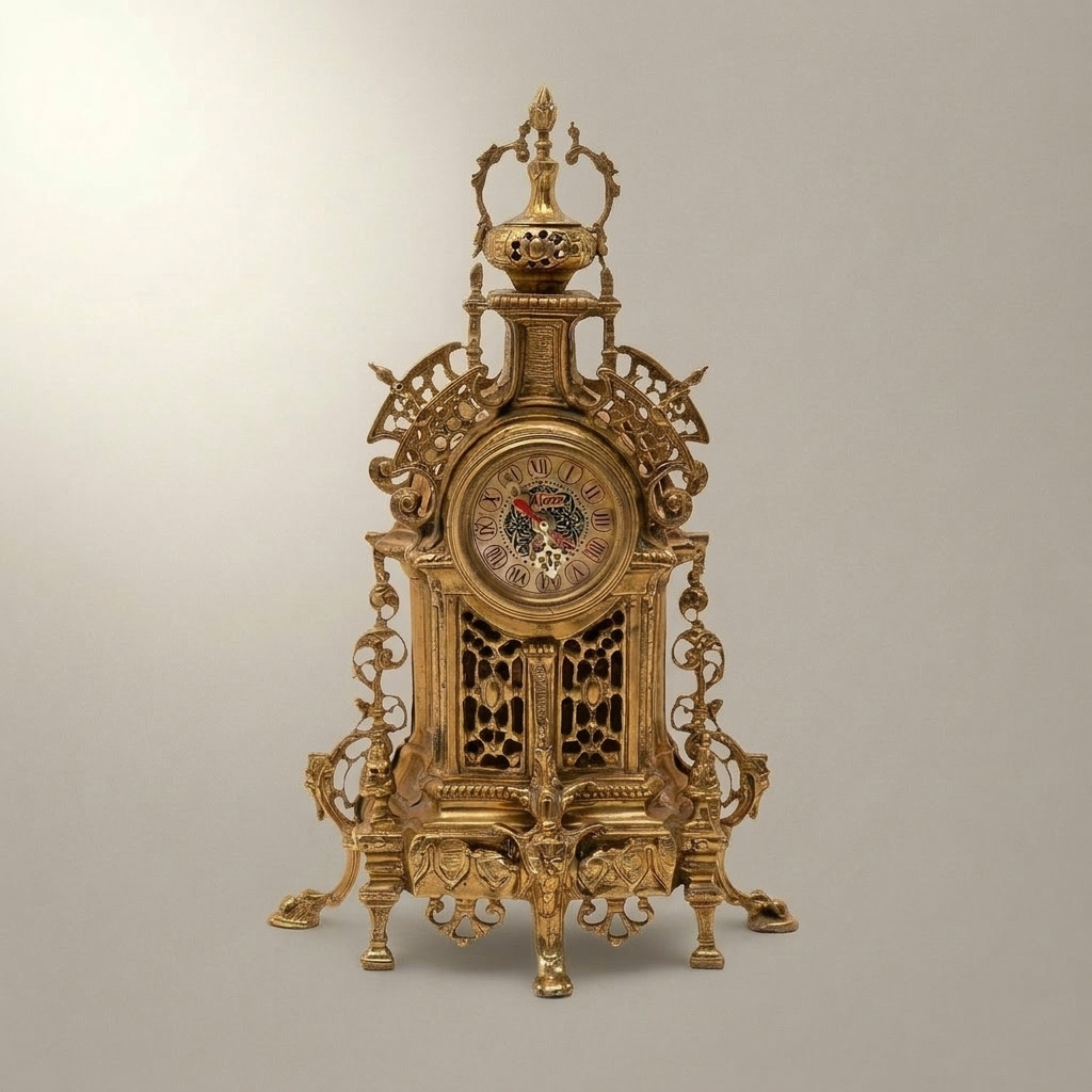 Napoleon III Rococo Revival Brass Mantel Clock Garniture with Seven-Arm Candelabra