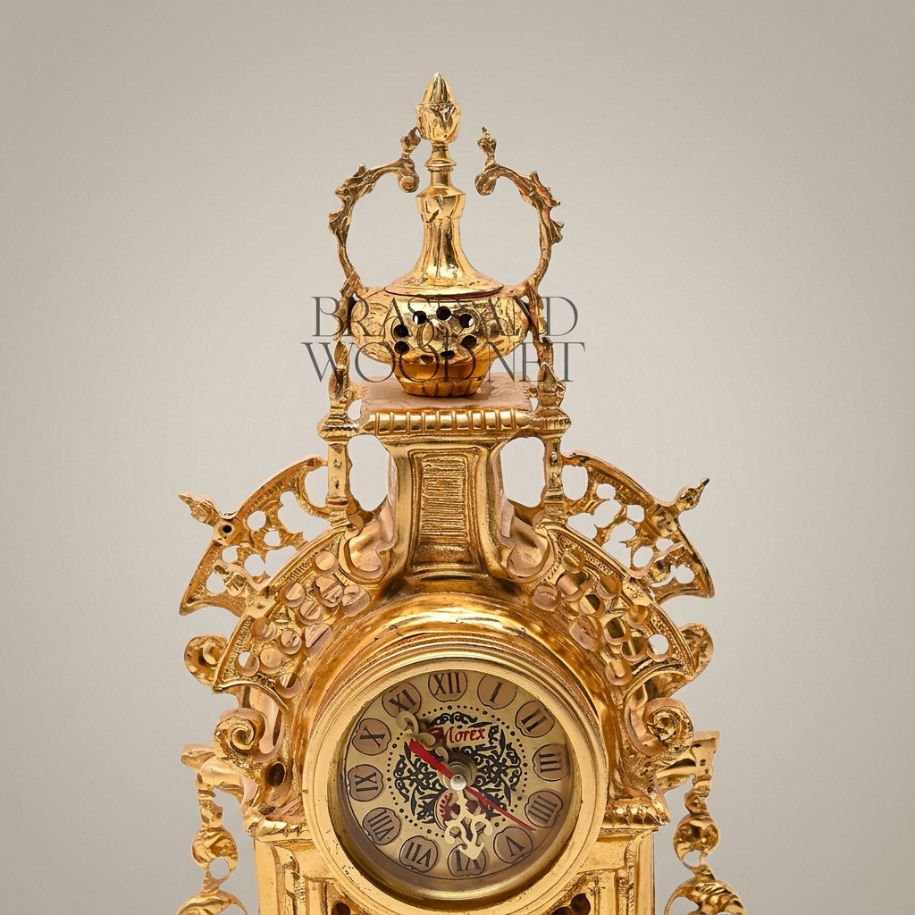 Napoleon III Rococo Revival Brass Mantel Clock Garniture with Seven-Arm Candelabra