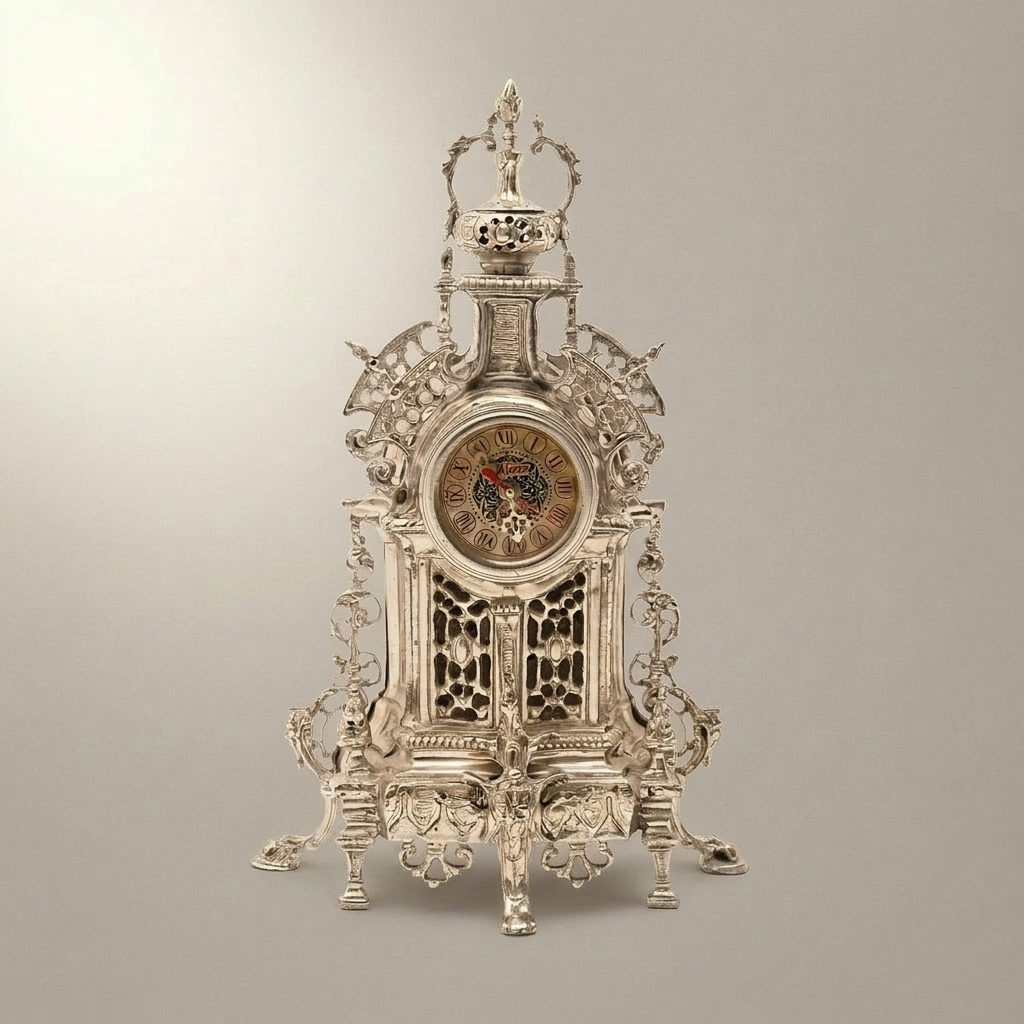Napoleon III Rococo Revival Brass Mantel Clock Garniture with Seven-Arm Candelabra