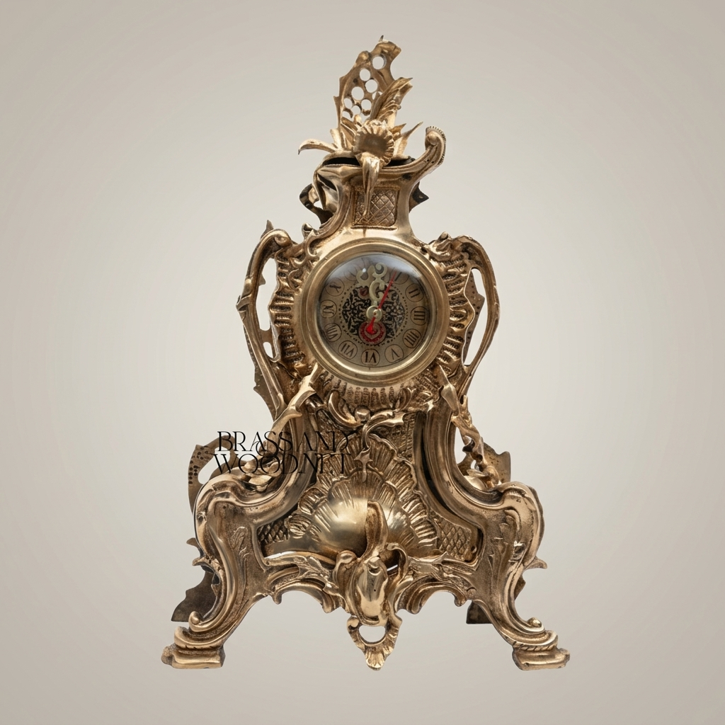 Louis XV Rococo Gilt Brass Mantel Clock Garniture with Five-Arm Candelabra