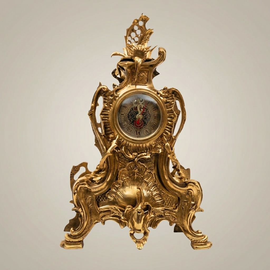 Louis XV Rococo Gilt Brass Mantel Clock Garniture with Five-Arm Candelabra